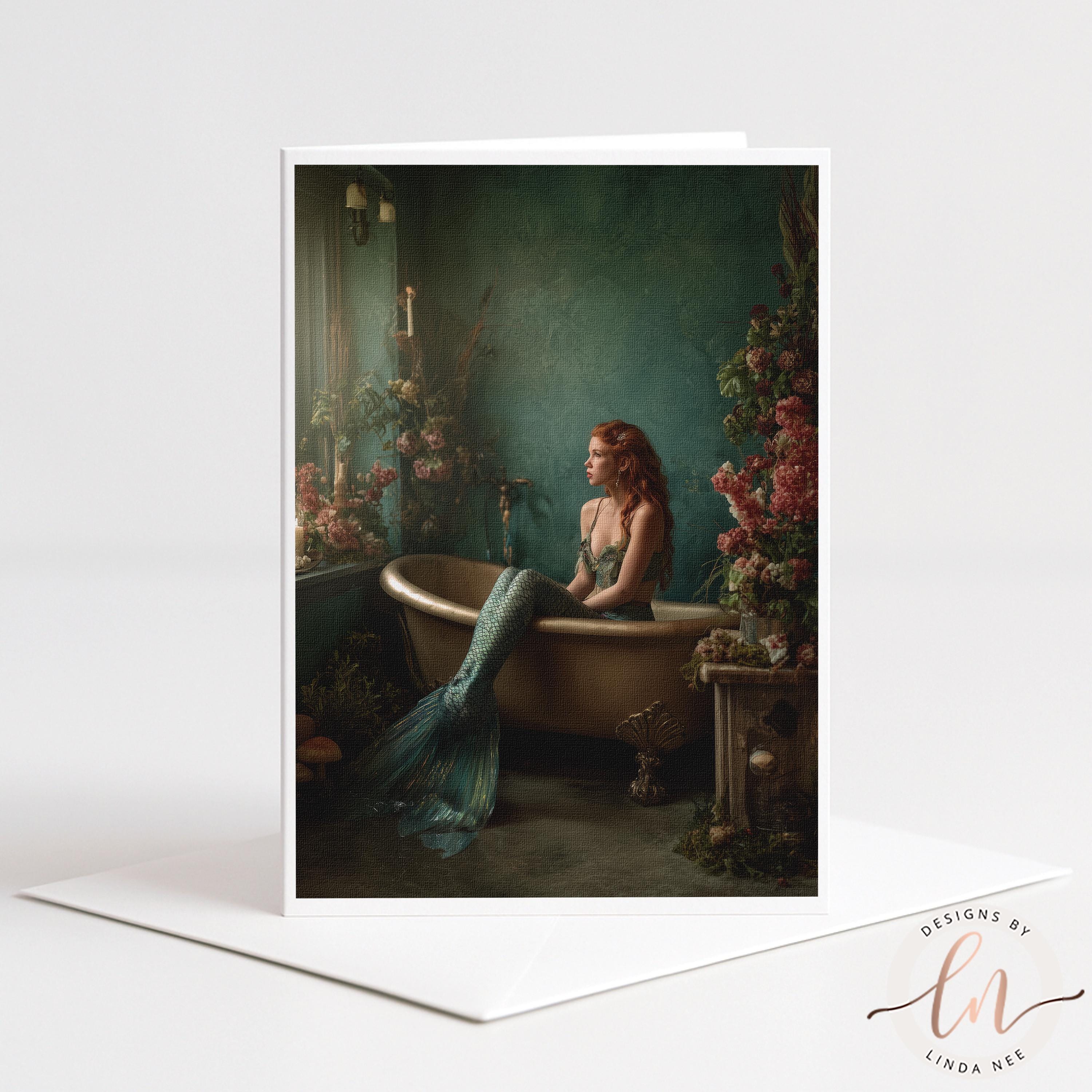 A dark, moody fine art image of a mermaid with long, wavy red hair sitting in a vintage copper bathtub. The background is a textured, deep emerald green wall adorned with botanical elements and a single candle. Her long, iridescent teal and gold tail drapes over the side of the tub onto the dark floor.