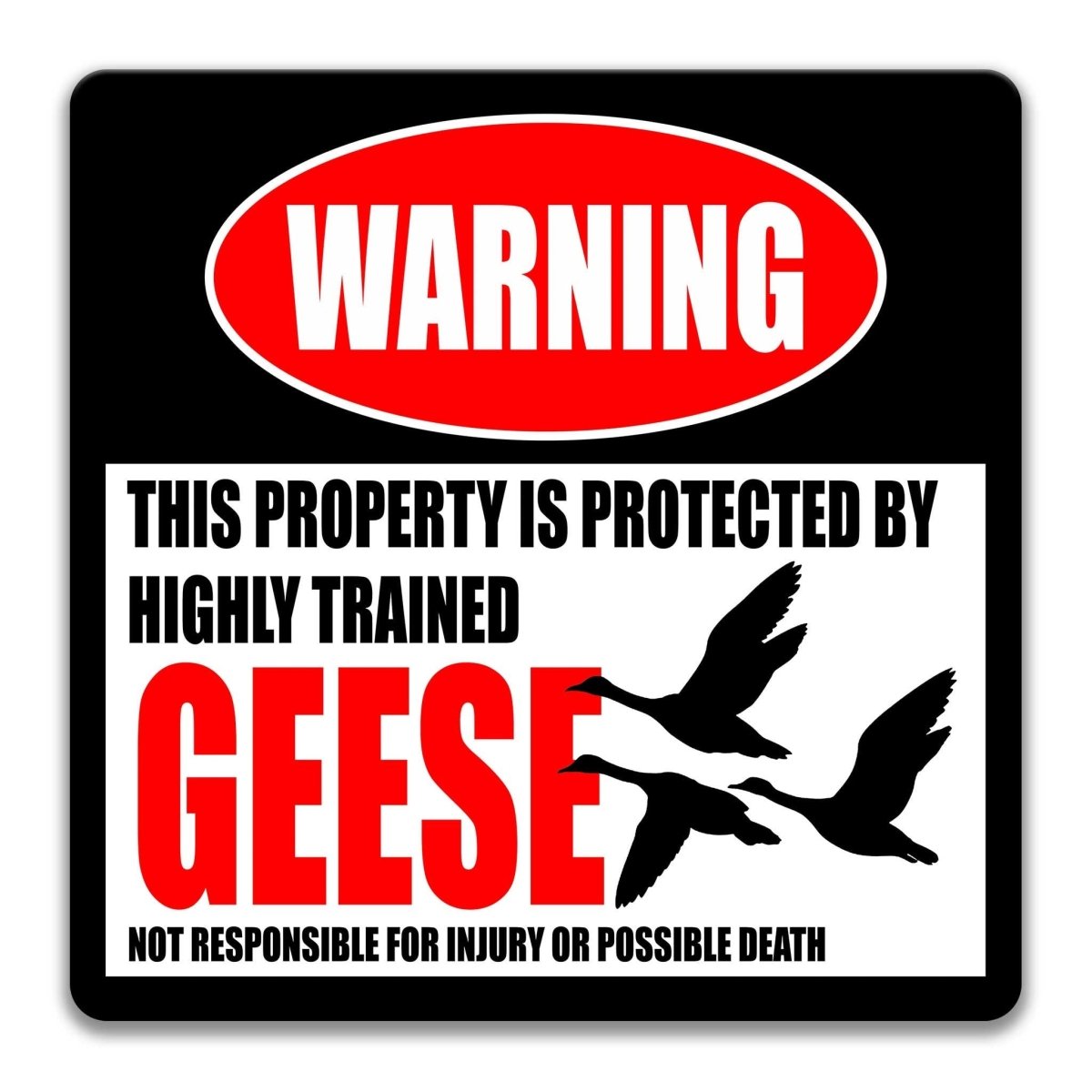 Geese warning sign, red WARNING banner and large goose silhouettes, funny Geese lover gift, aluminum with rounded corners