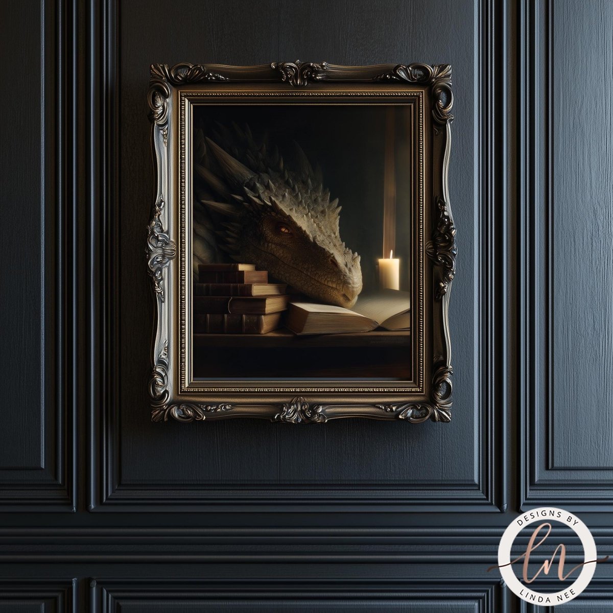 A framed painting of a dragon resting on a stack of books, set against a dark background.