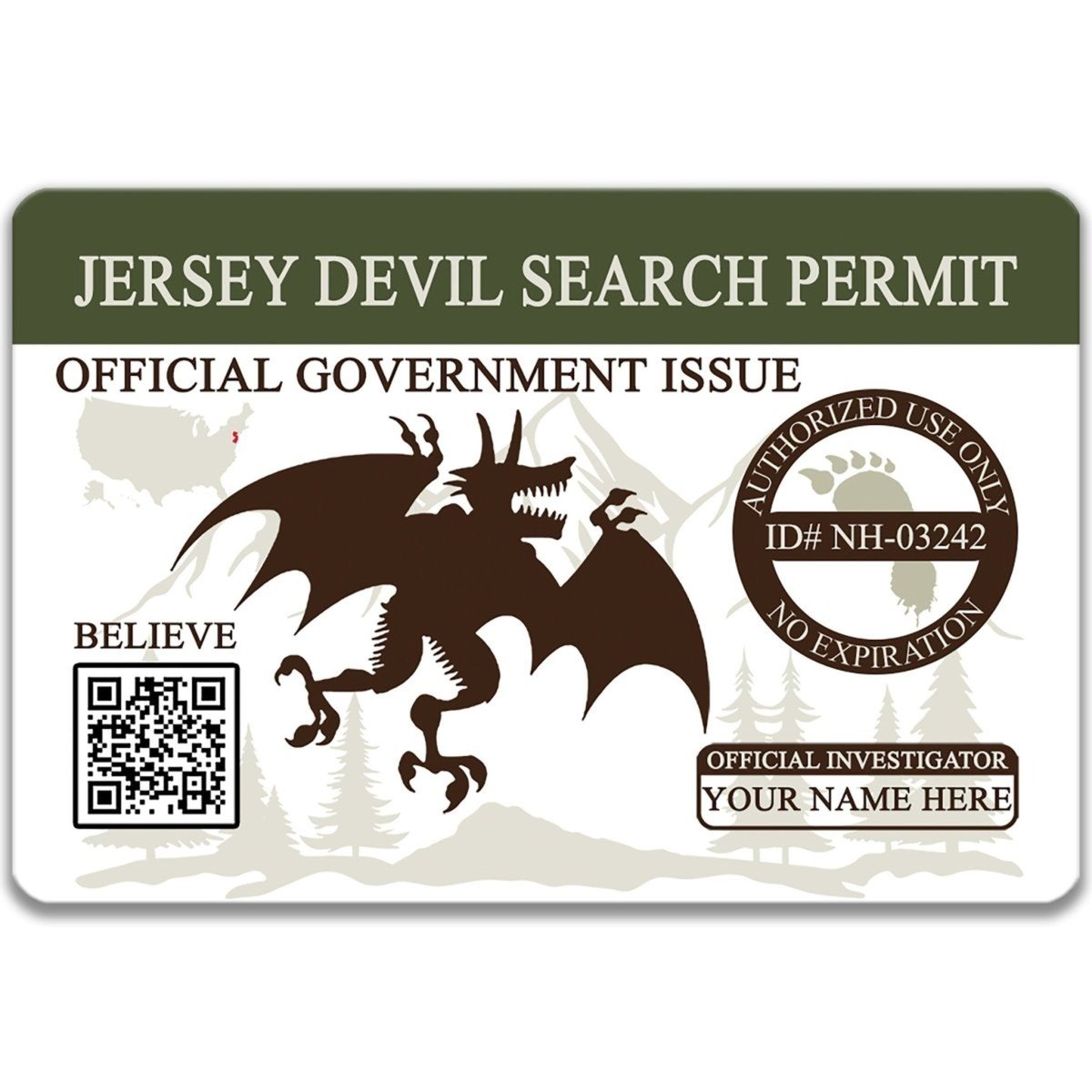 The image is a Jersey Devil Search Permit, an official government issued document, featuring a dragon silhouette and a QR code.