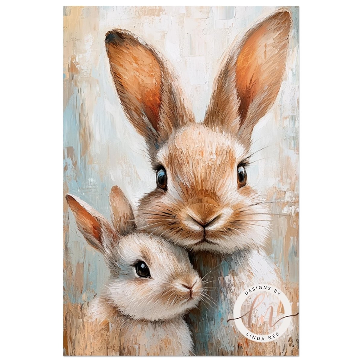 A painting of two rabbits, one larger and one smaller, with their eyes open and alert, against a textured background.