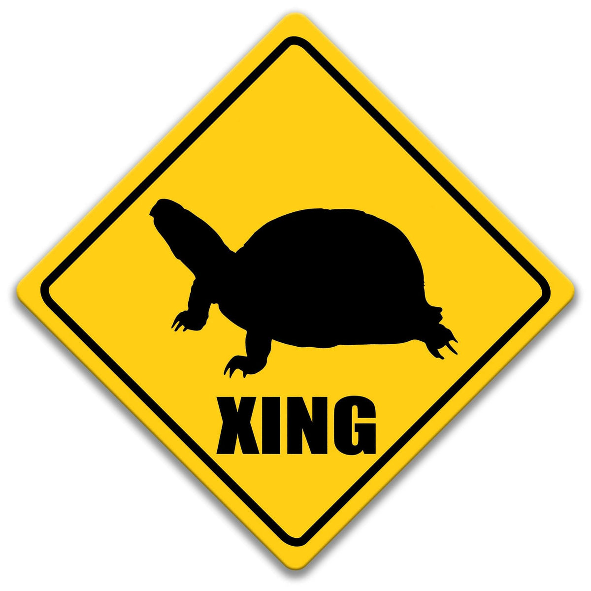 A yellow diamond-shaped sign with a black silhouette of a turtle on it, and the word "XING" below the turtle.