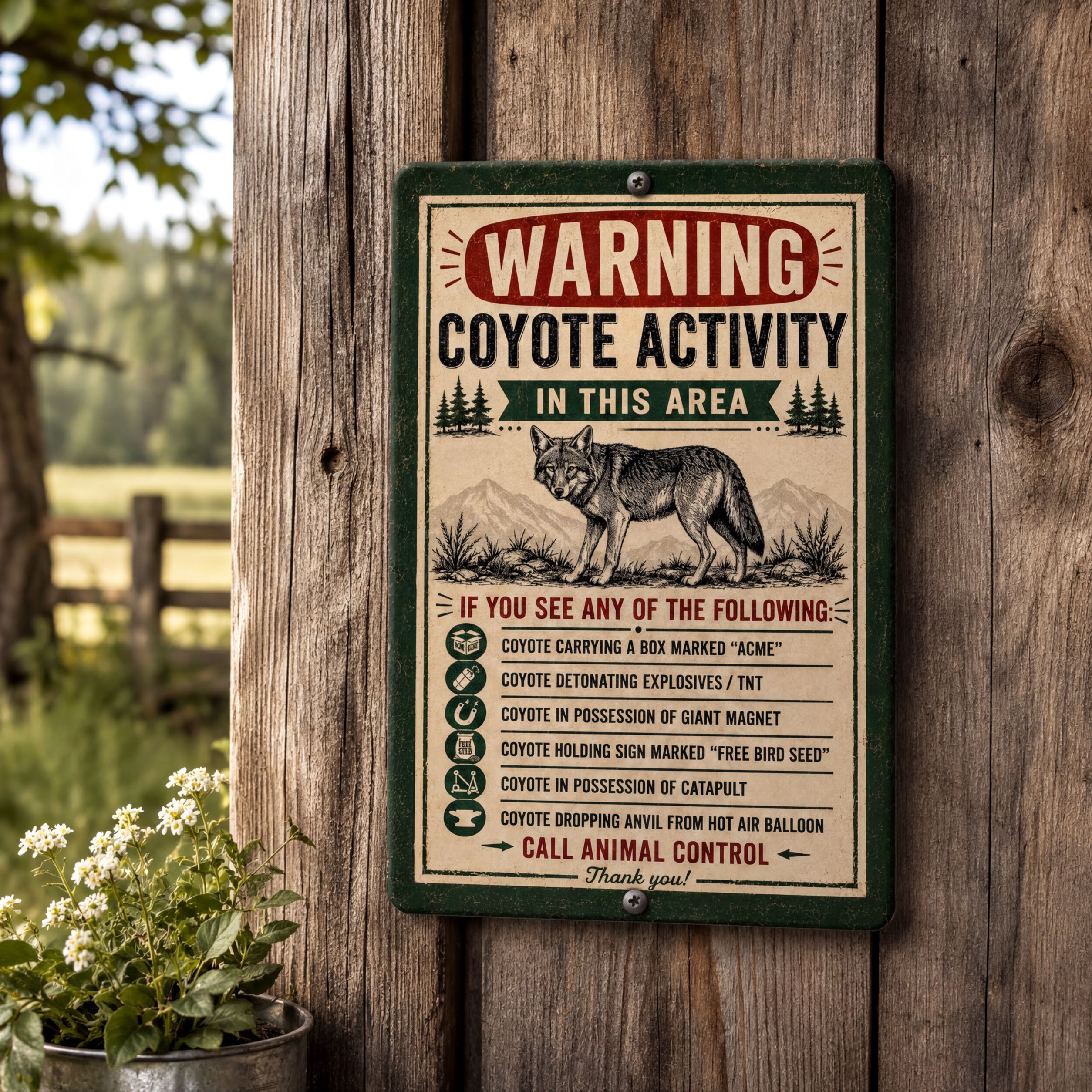 a warning sign about coyote activity in the area, mounted on a wooden fence.