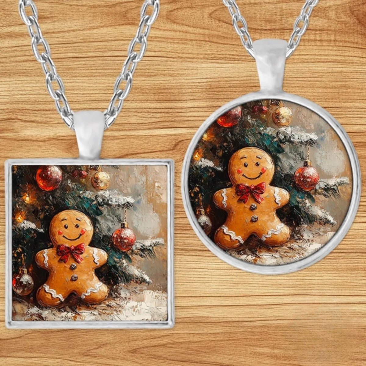 Vintage Gingerbread Man pendant necklace shown in round and square silver charm styles on a wood background