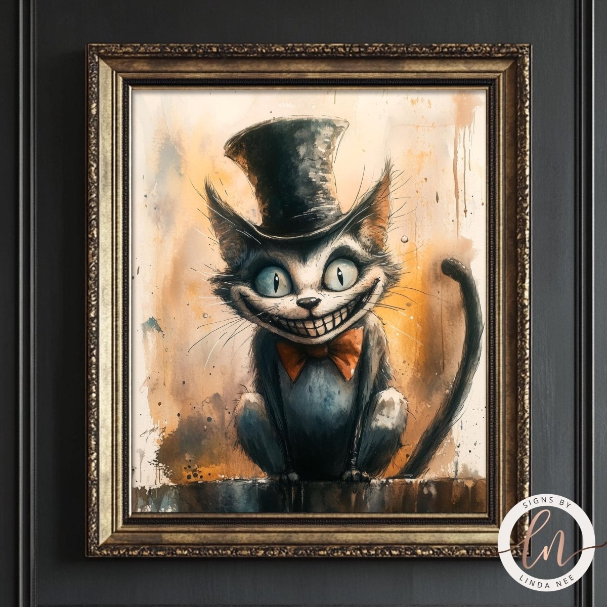 Grinning Cheshire cat wearing a top hat and bow tie