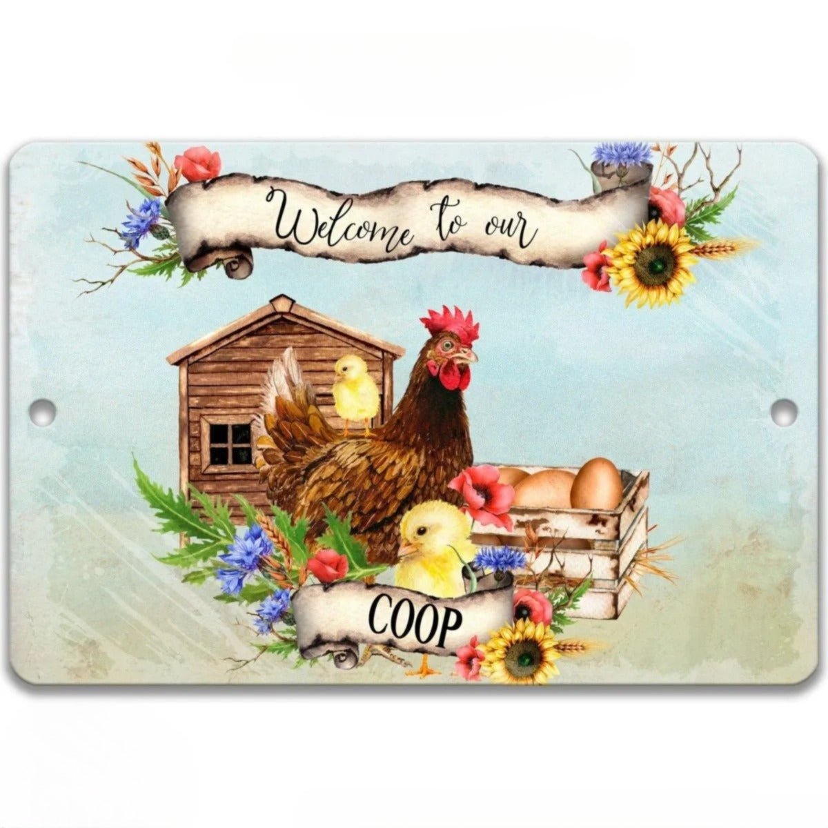 The image is a vibrant and colorful illustration featuring a brown chicken, a wooden barn, and various flowers and foliage. The text "Welcome to our COOP" is prominently displayed, indicating the theme of the image. The overall composition is visually appealing and engaging, with the use of colors and the inclusion of farm-related elements.