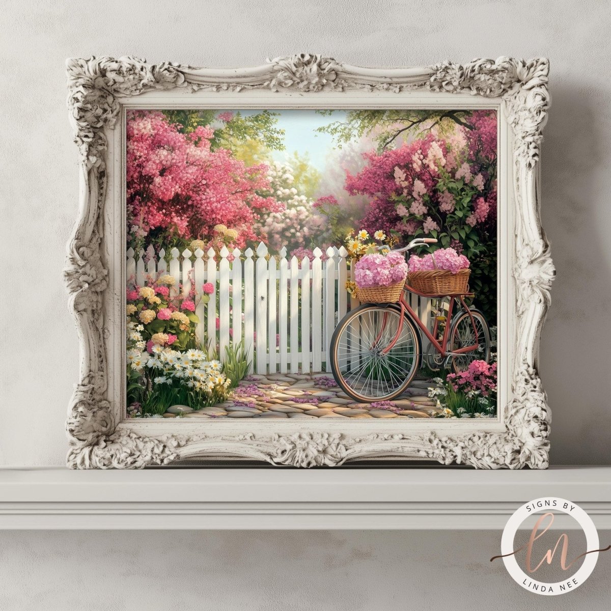 A charming scene of a bicycle parked in front of a white picket fence, surrounded by a vibrant garden filled with blooming pink and white flowers.