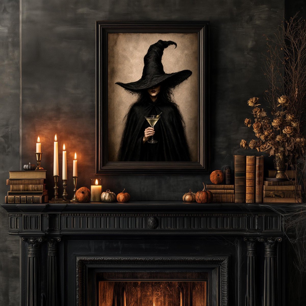 Martini witch art print above a fireplace decorated with books, pumpkins, and candles