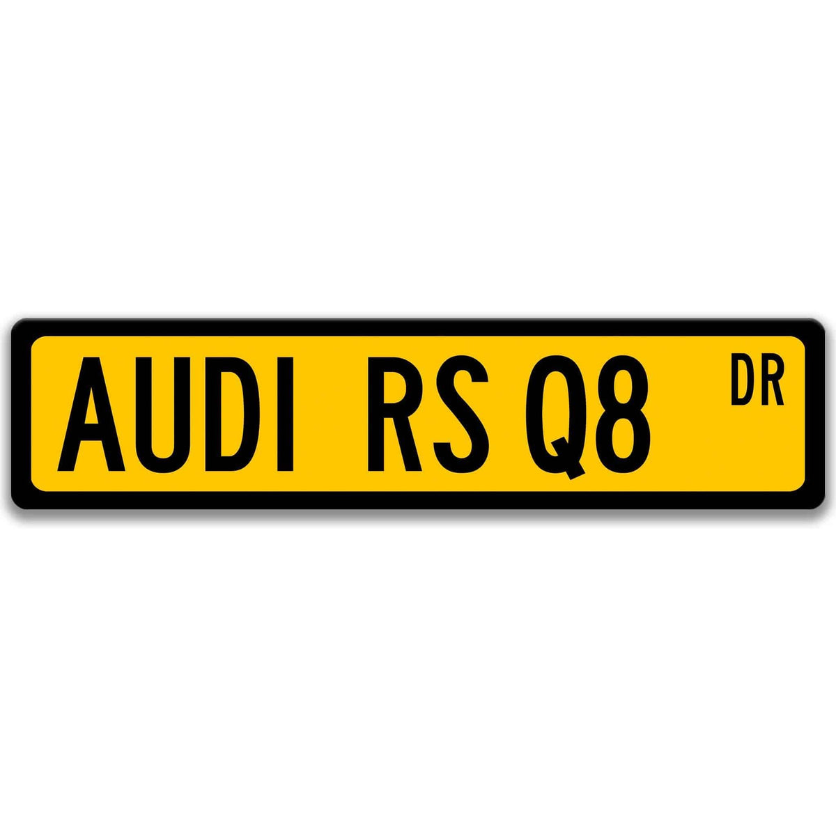 Yellow Audi RS Q8 DR aluminum street sign with black lettering