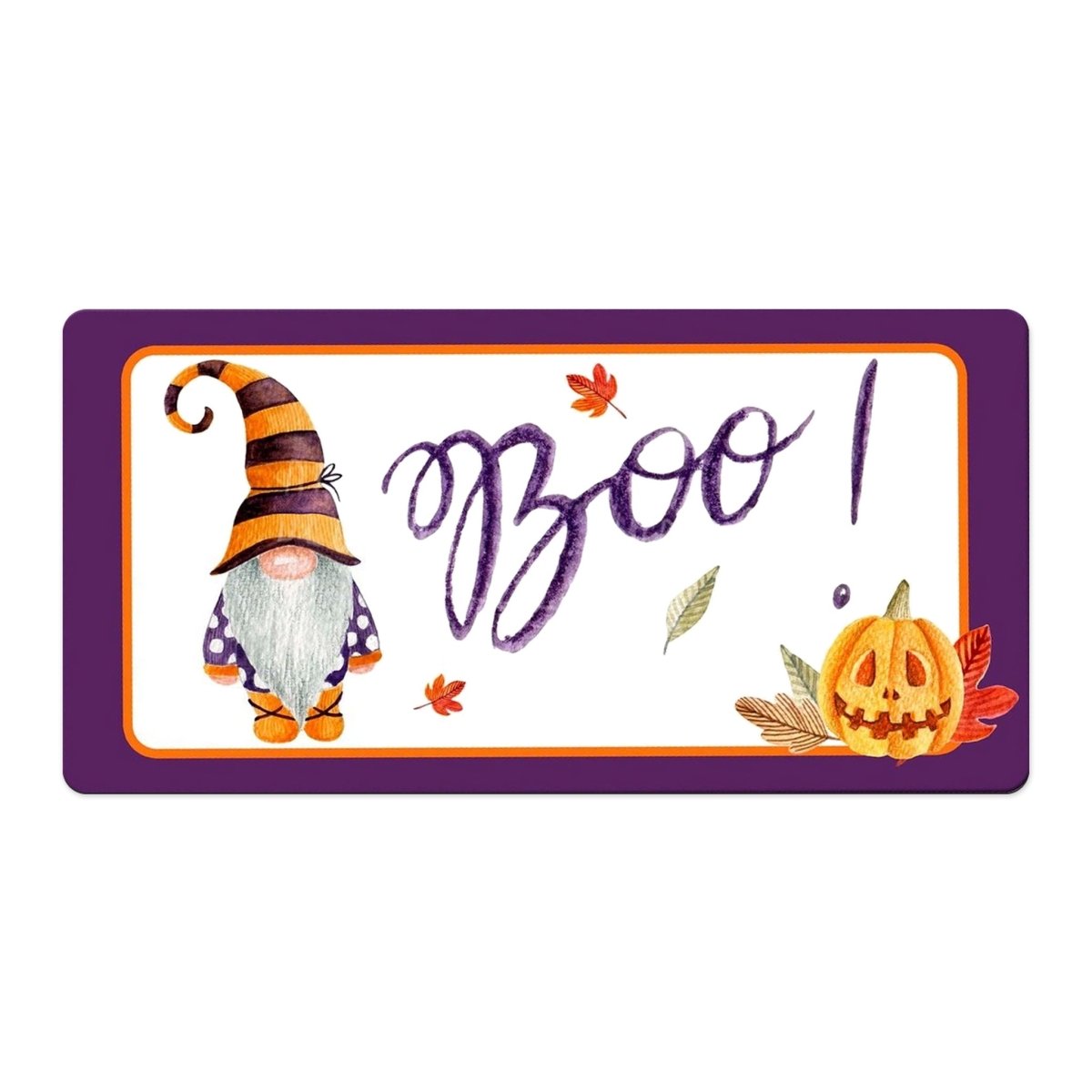 Boo Gnome 6x12 metal wreath sign with a gnome and pumpkin on purple and orange