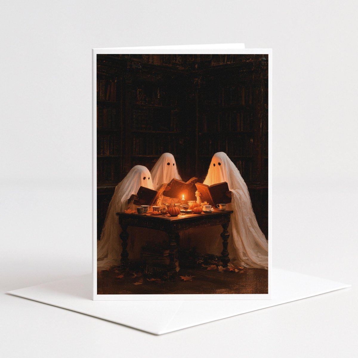 Ghost Book Club Halloween note card art of three ghosts reading at a candlelit library table
