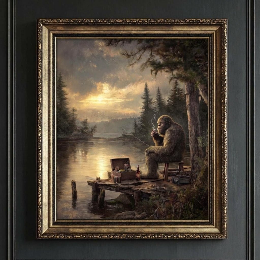Bigfoot sitting on a dock smoking a pipe by a lake