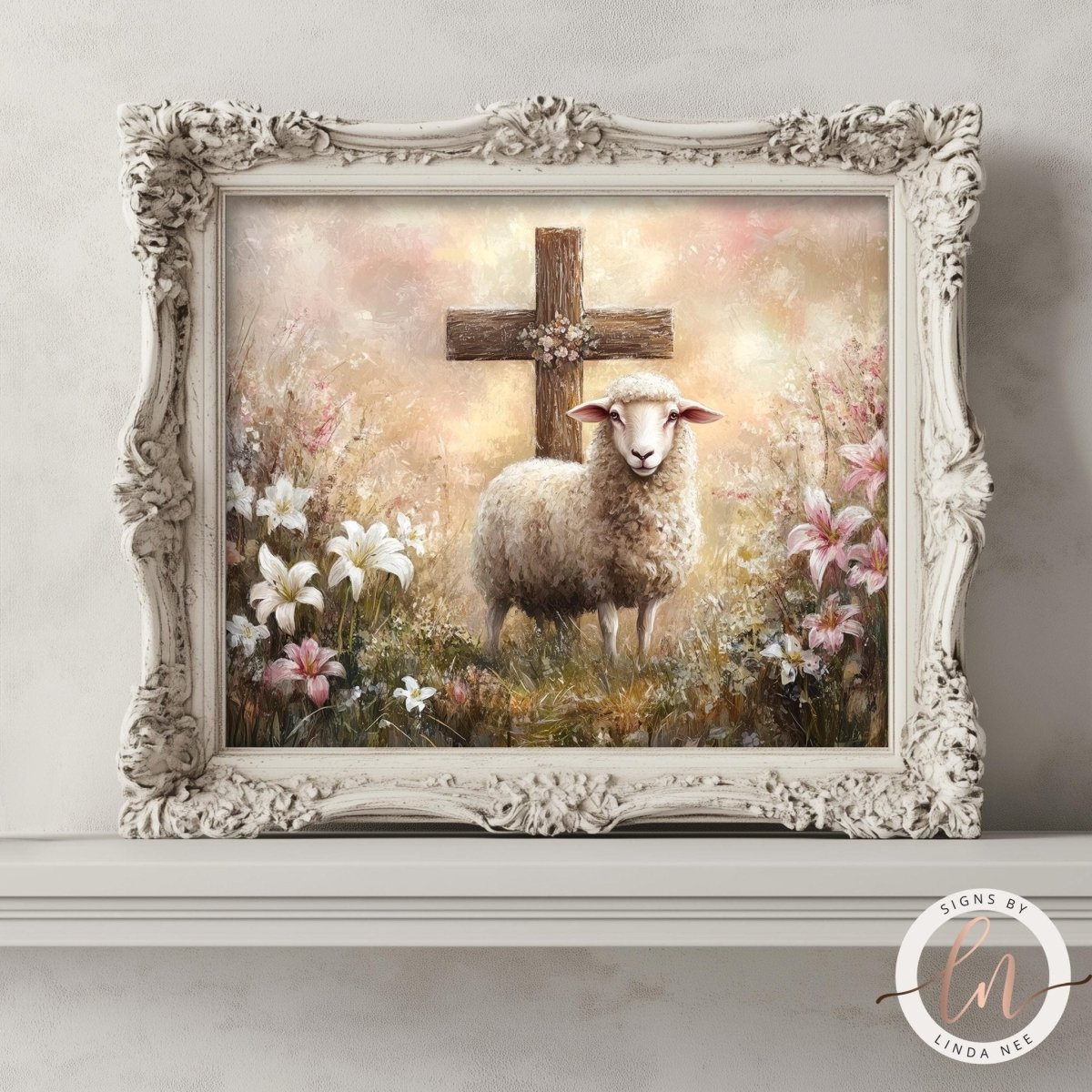 Lamb before a wooden cross surrounded by blooming lilies