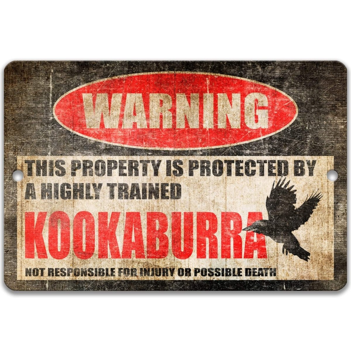 Kookaburra warning metal sign, glossy black, red WARNING oval and perched kookaburra silhouette