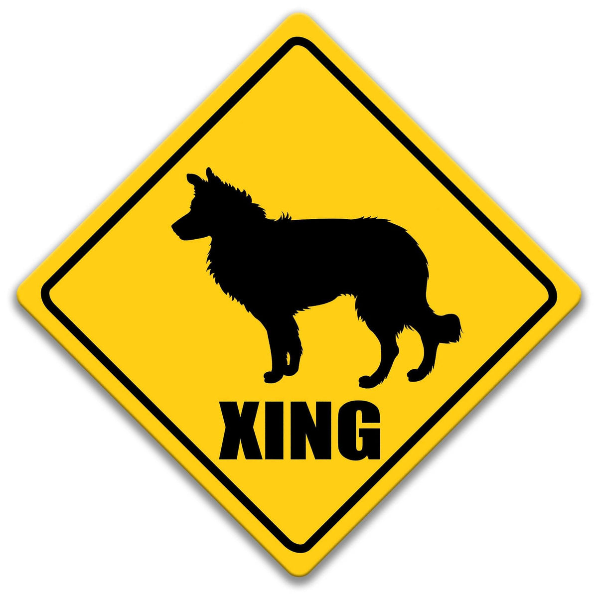 A yellow diamond-shaped road sign with a silhouette of a dog and the word "XING" below it.