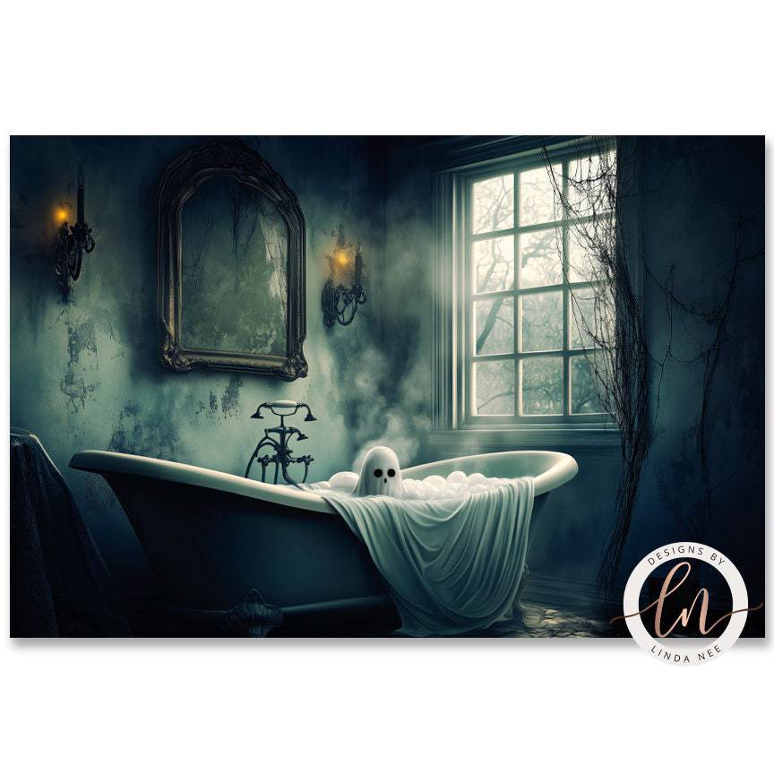 Ghost in a clawfoot tub art print with an ornate mirror and window behind