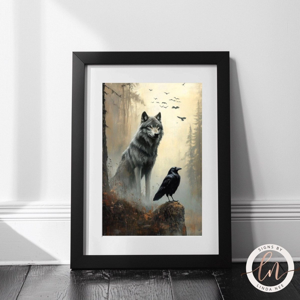 The image is a framed painting depicting a wolf and a black crow in a forest setting.