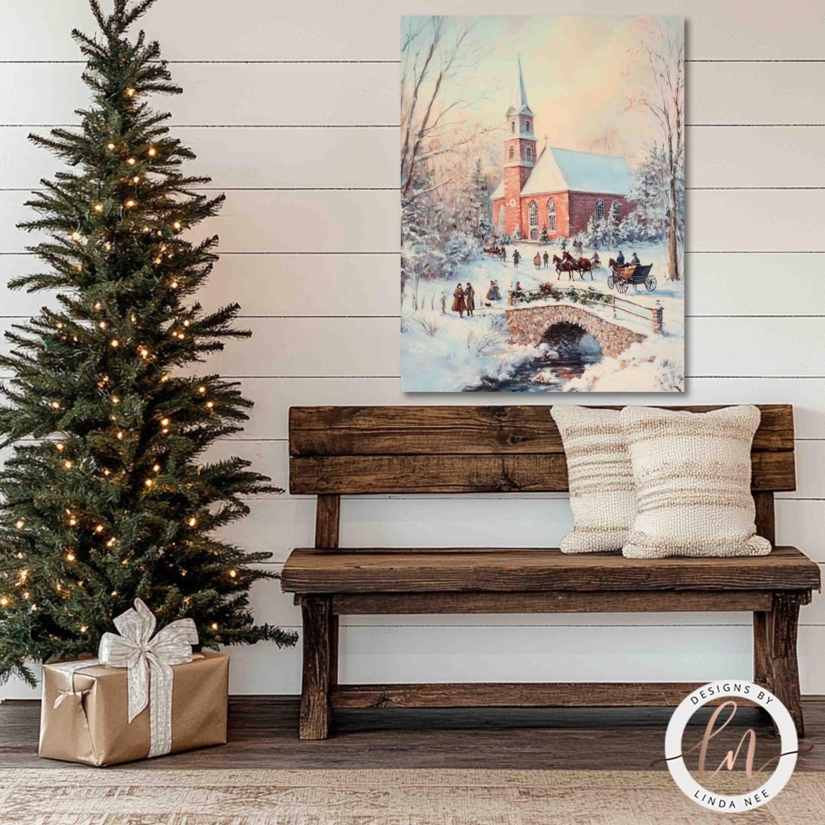 Church wall art displayed above a wooden bench beside a decorated tree