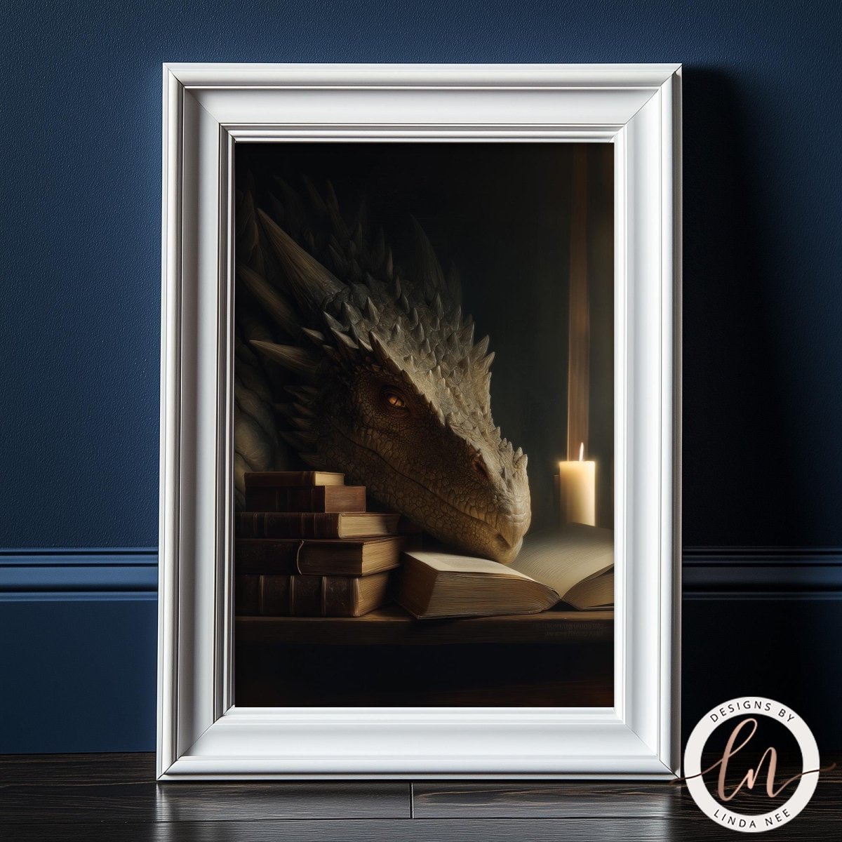 A framed image depicting a dragon-like creature resting on a stack of books, with a lit candle in the background, creating a cozy and mysterious atmosphere.