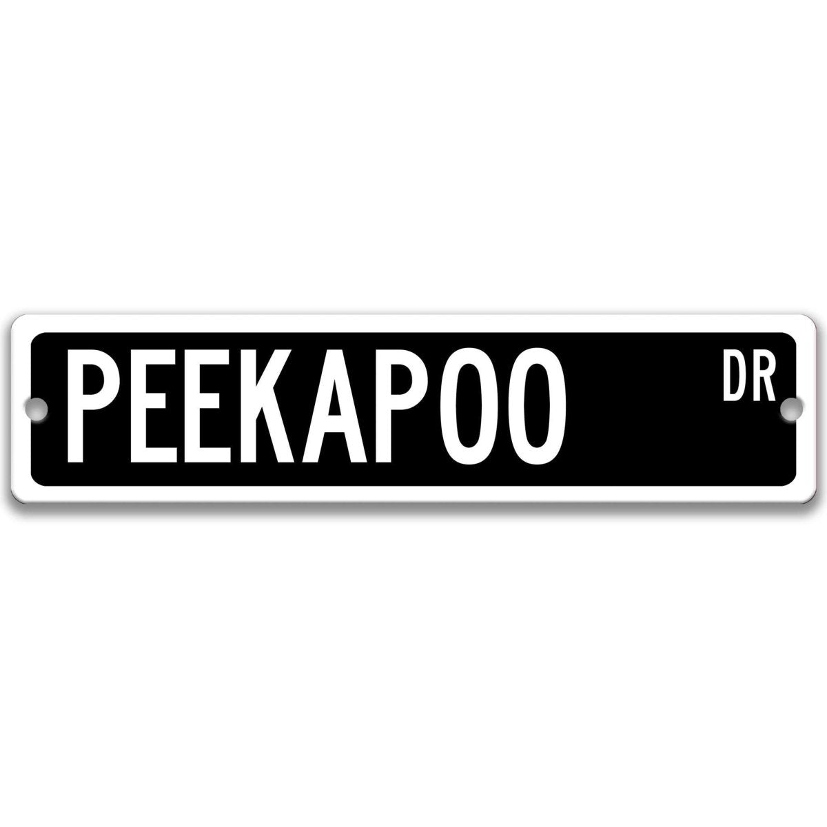 Brown Peekapoo DR aluminum street sign with white lettering