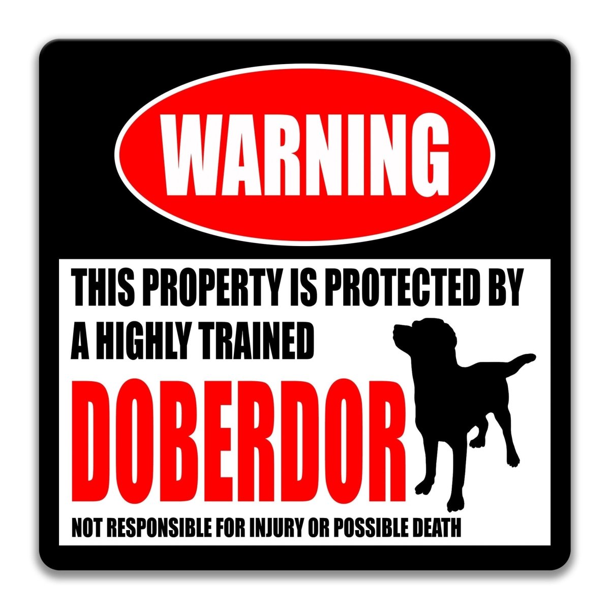 Doberdor warning sign, red WARNING banner and large Doberdor dog silhouette, funny Doberdor lover gift, aluminum with rounded corners