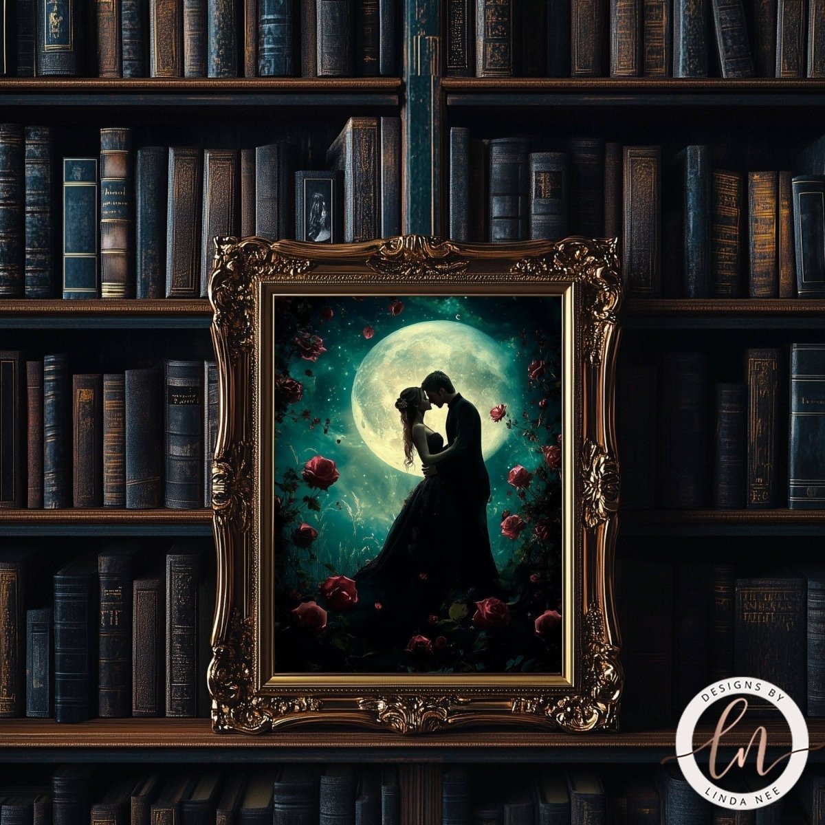 Couple under a rose covered moon print displayed on a bookshelf