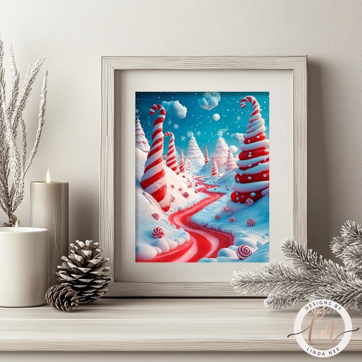 Candy cane decor art print displayed with holiday decorations