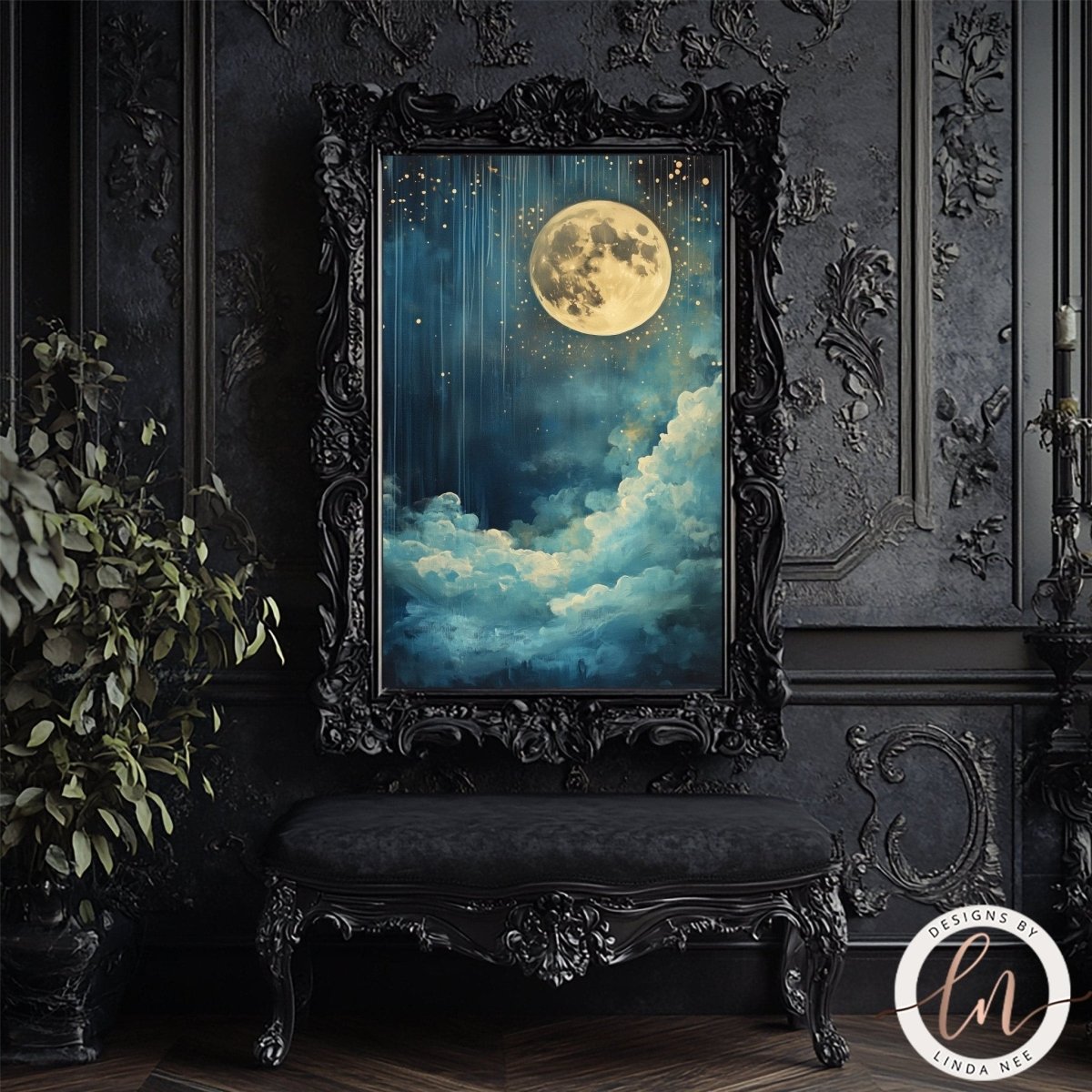 Moon with streaking gold light displayed in a dark carved room