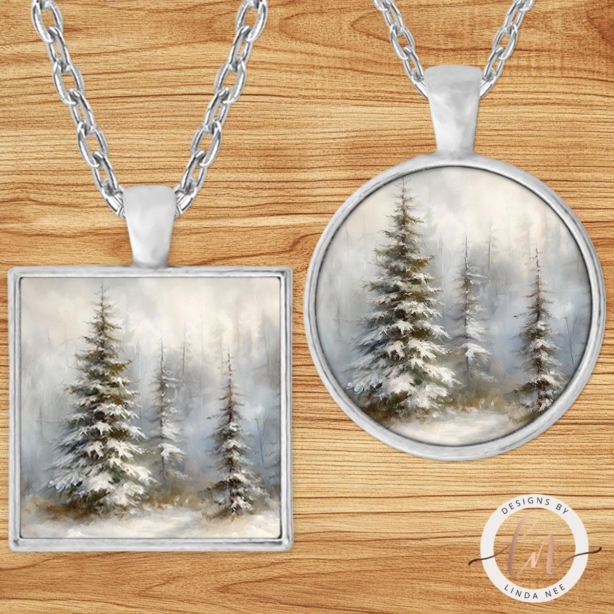 Misty Winter Pine Trees Pendant Necklace