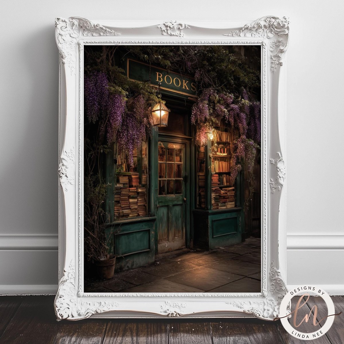 A framed image depicting a quaint bookstore with a green door and a sign that reads "BOOKS", surrounded by lush greenery and purple flowers.