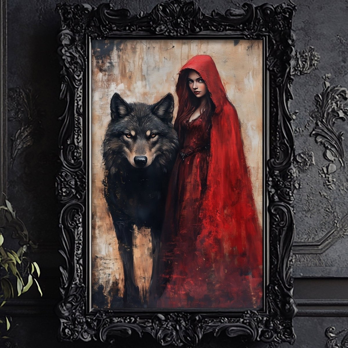 Girl in a weathered red cloak standing beside a dark wolf, both facing forward