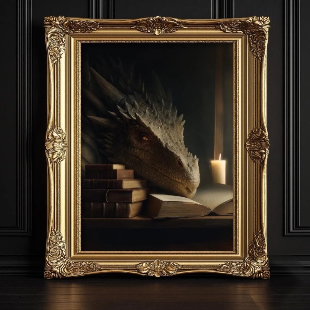 A large, ornate gold frame displays a painting of a dragon's head resting on a stack of books, with a lit candle in the background.
