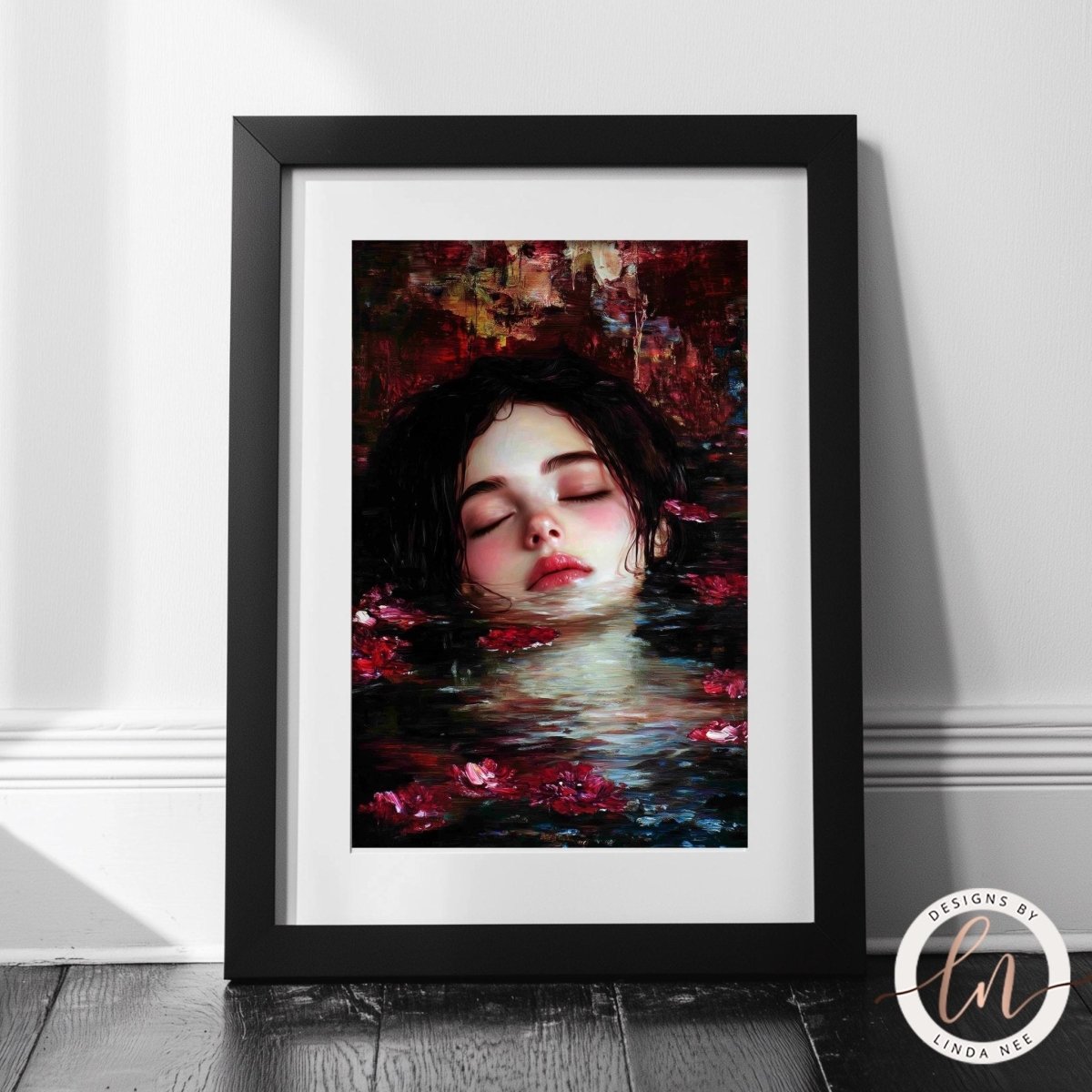 Ophelia art print displayed with a tranquil water and floral scene