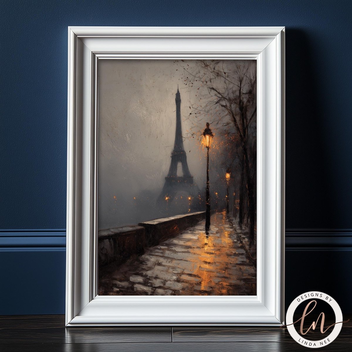 The image is a framed painting depicting a rainy night scene with the Eiffel Tower in the background, illuminated by street lamps and creating a misty atmosphere.