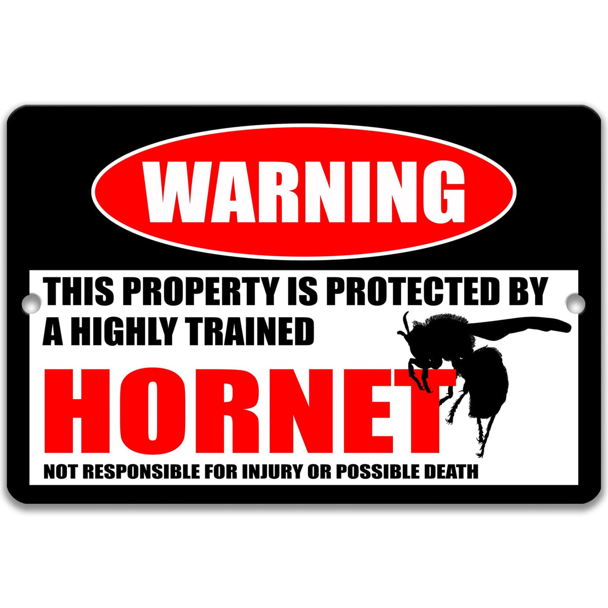 Hornet warning metal sign on glossy black with red WARNING oval and black hornet silhouette