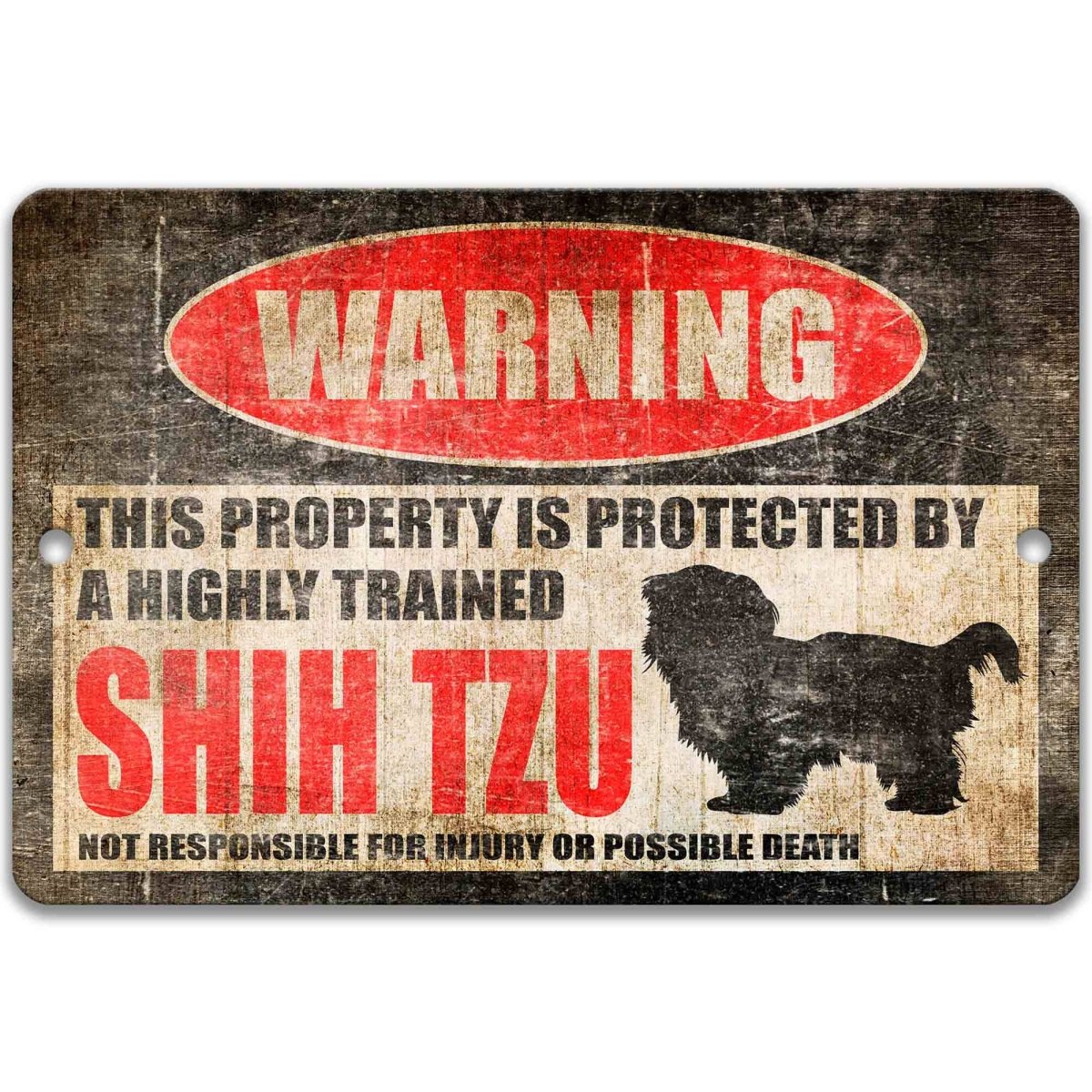 Shih Tzu dog warning metal sign, glossy black, red WARNING oval and long-haired Shih Tzu silhouette