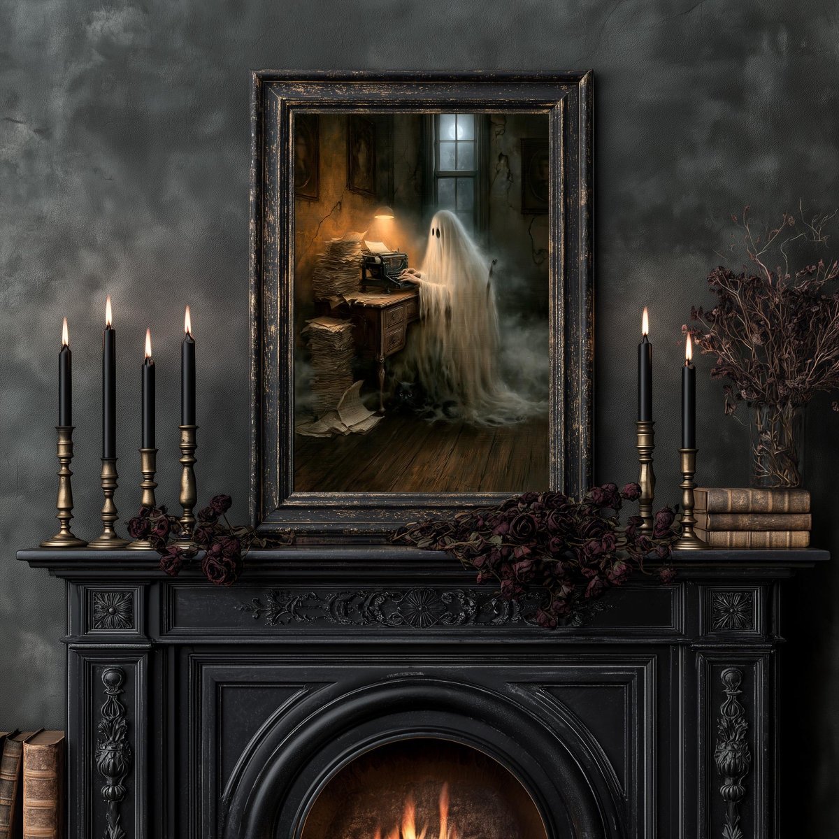 Ghost writer art print above a fireplace in a dark gothic room