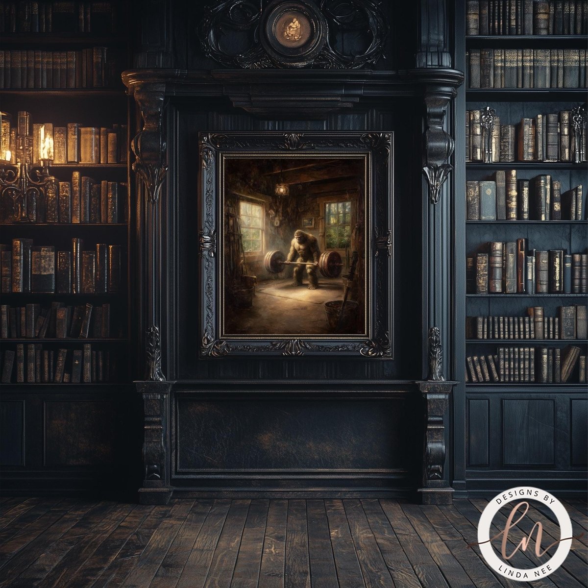 a cozy, dimly lit room with a large bookshelf filled with books, a fireplace, and a painting of a person sitting in a chair.