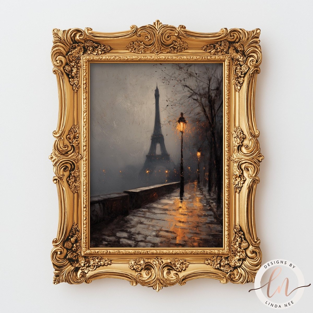 The image is a painting of the Eiffel Tower in Paris, France, with a foggy and atmospheric background. The painting is framed in an ornate gold frame and is displayed on a white wall.