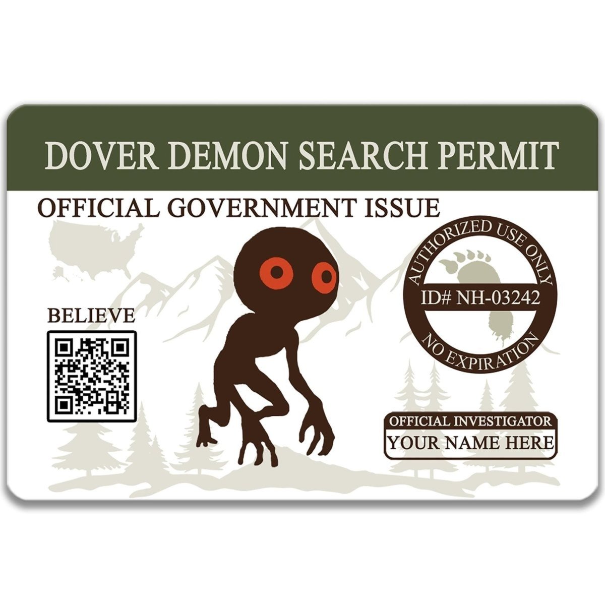 The image is a search permit for a Dover Demon, which is an official government issue. The permit is designed to be used by an official investigator, and it includes a QR code and a barcode for scanning.