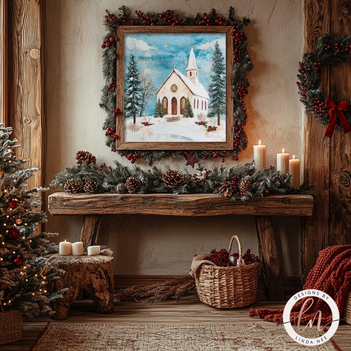 Country church watercolor artwork shown on a shiplap wall above a bench