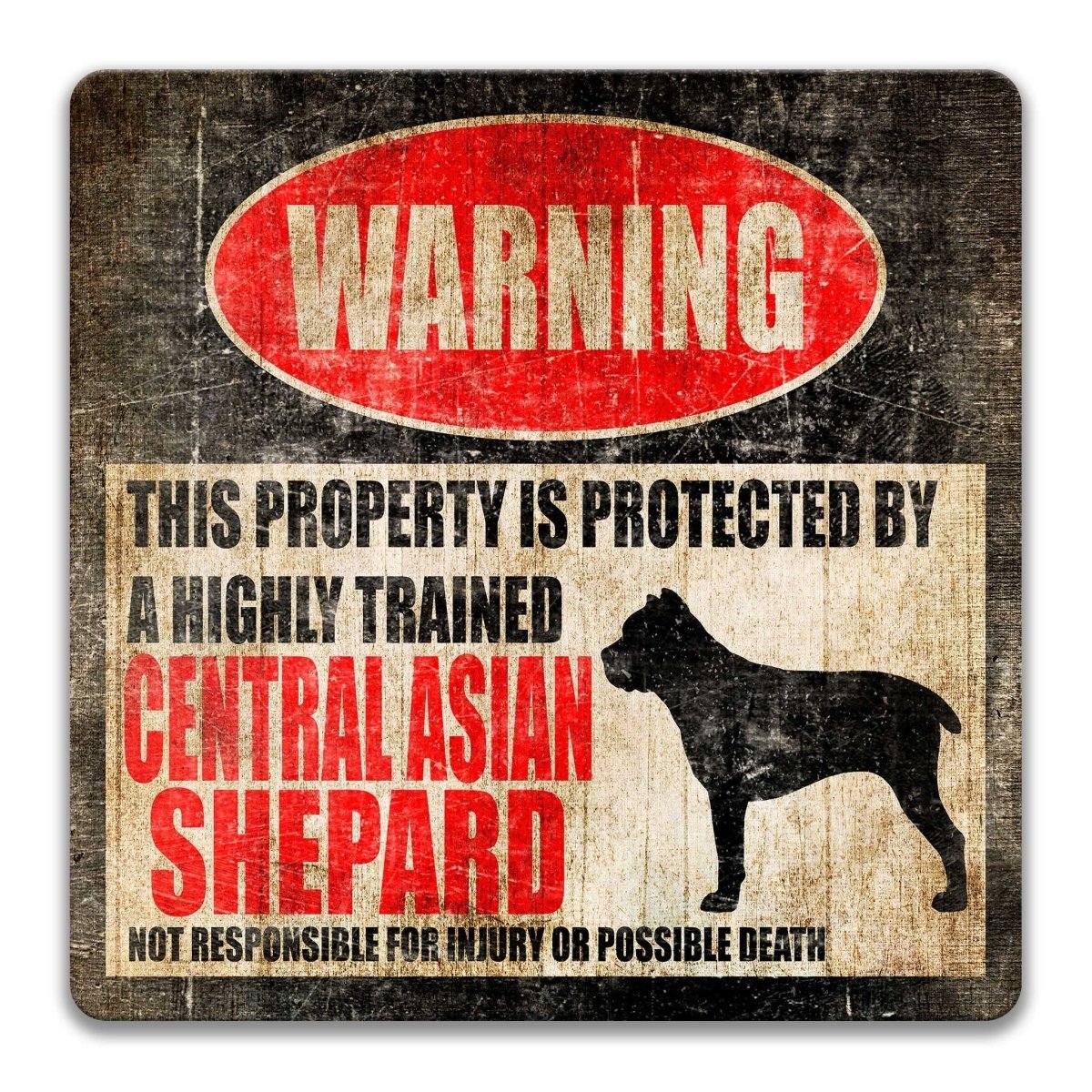 Central Asian Shepherd warning sign, red WARNING banner and large Central Asian Shepherd dog silhouette, funny Central Asian Shepherd lover gift, aluminum with rounded corners