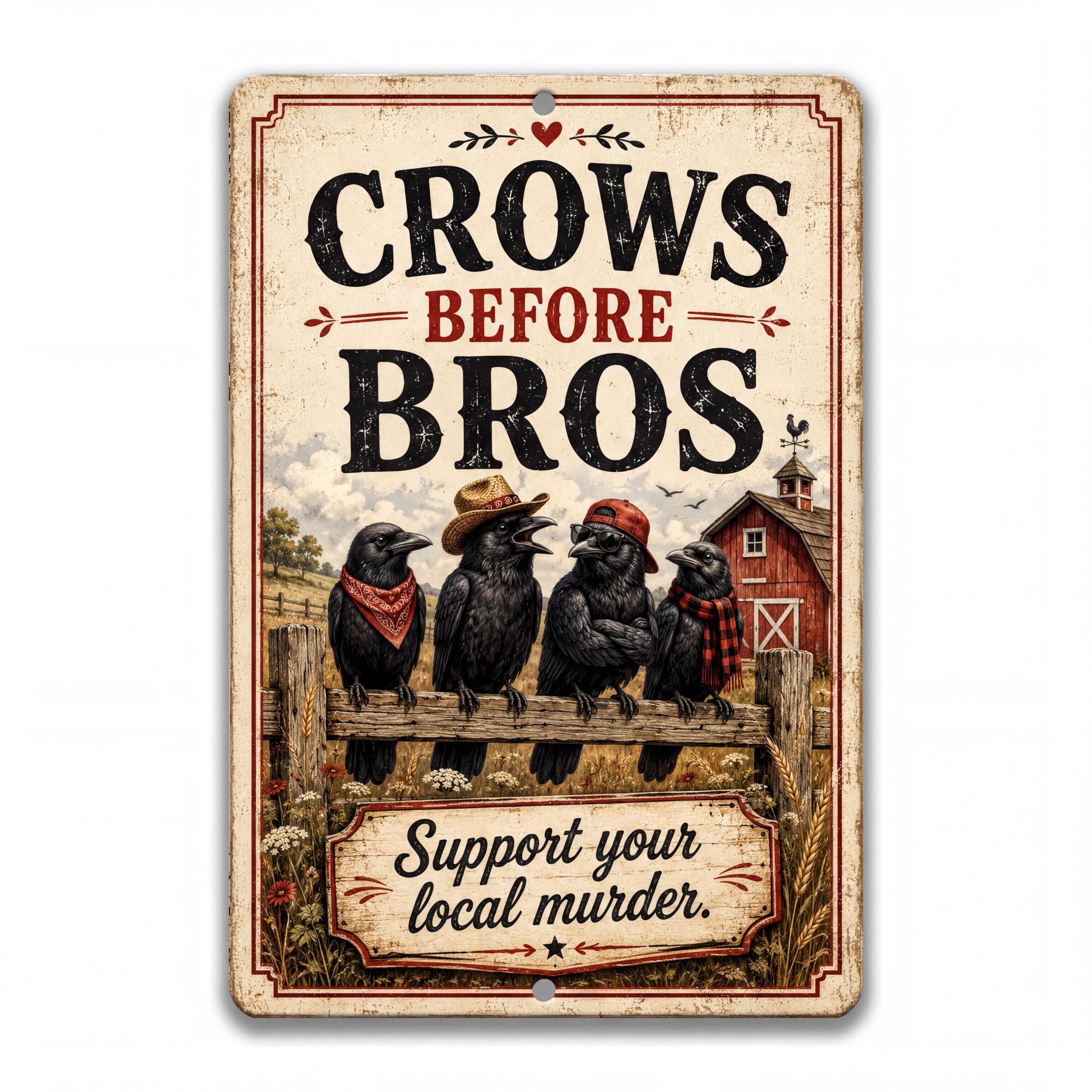 a sign with the text "CROWS BEFORE BROS" and a graphic of four black crows sitting on a wooden fence.