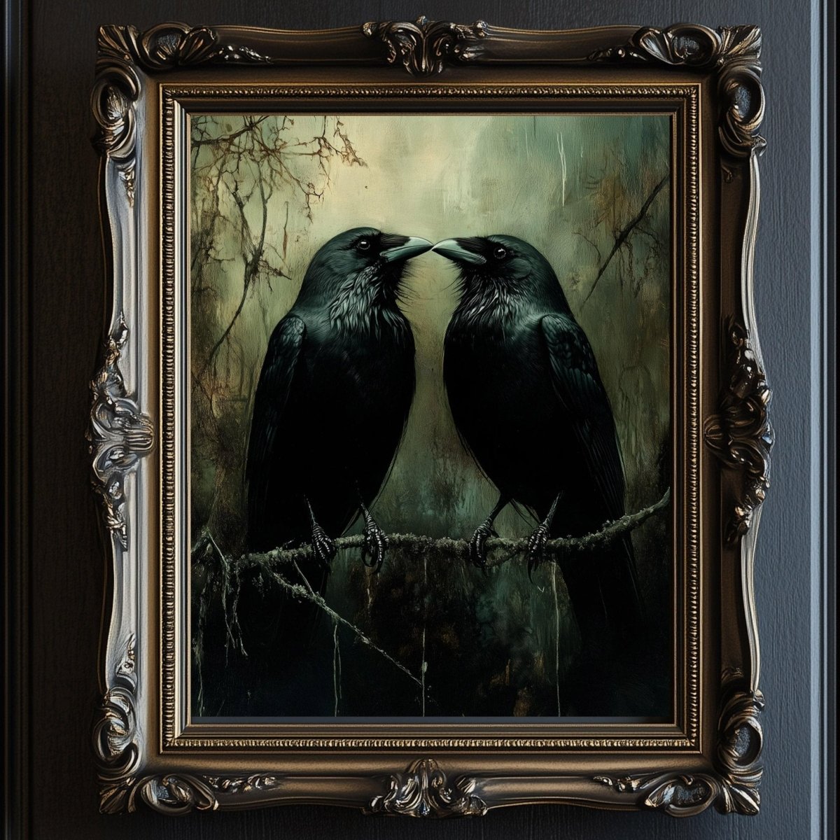 Two black ravens with their beaks touching in a close intimate portrait