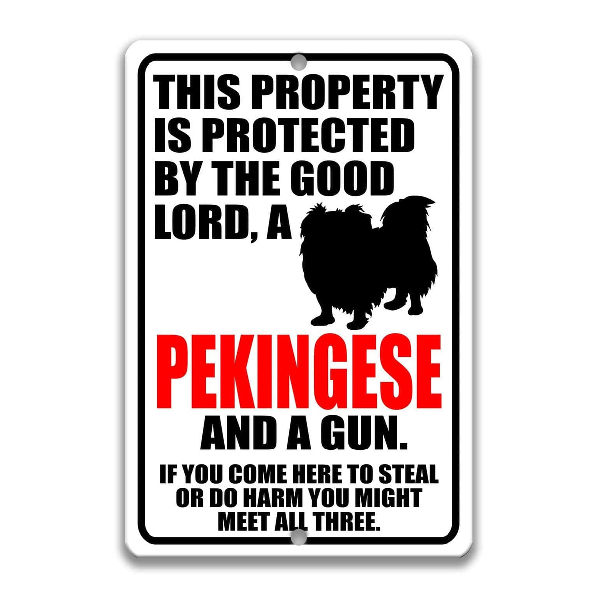 The image is a sign that warns people about the presence of a Pekingese dog and a gun. It states that the property is protected by the good Lord, a Pekingese, and a gun, and that if someone comes to steal or harm, they might encounter all three.