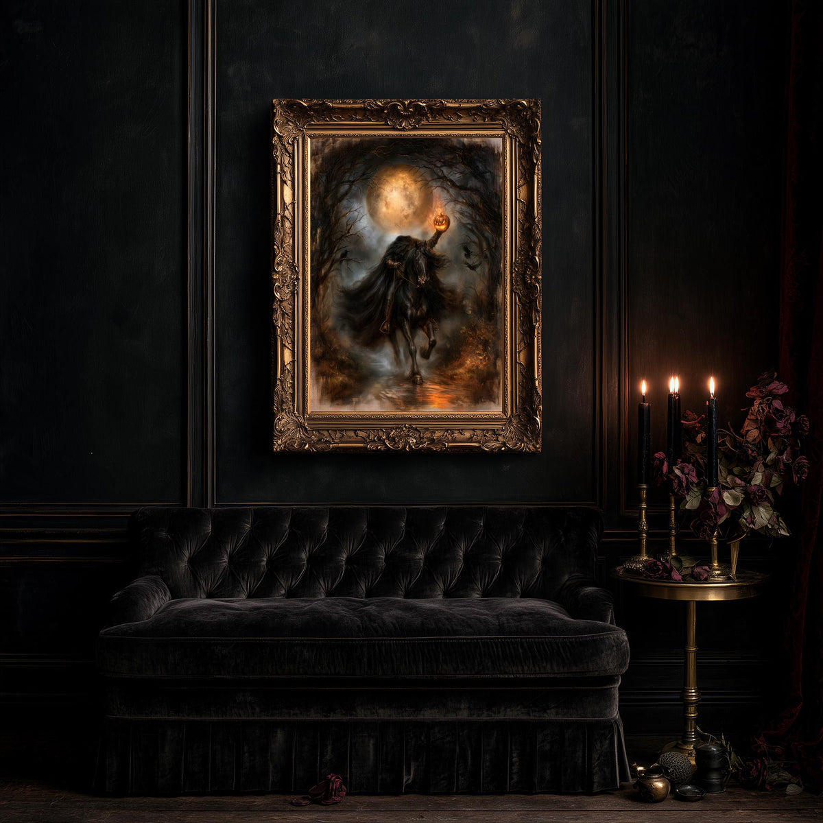 Large horseman print above a black tufted sofa and a table of candles and flowers