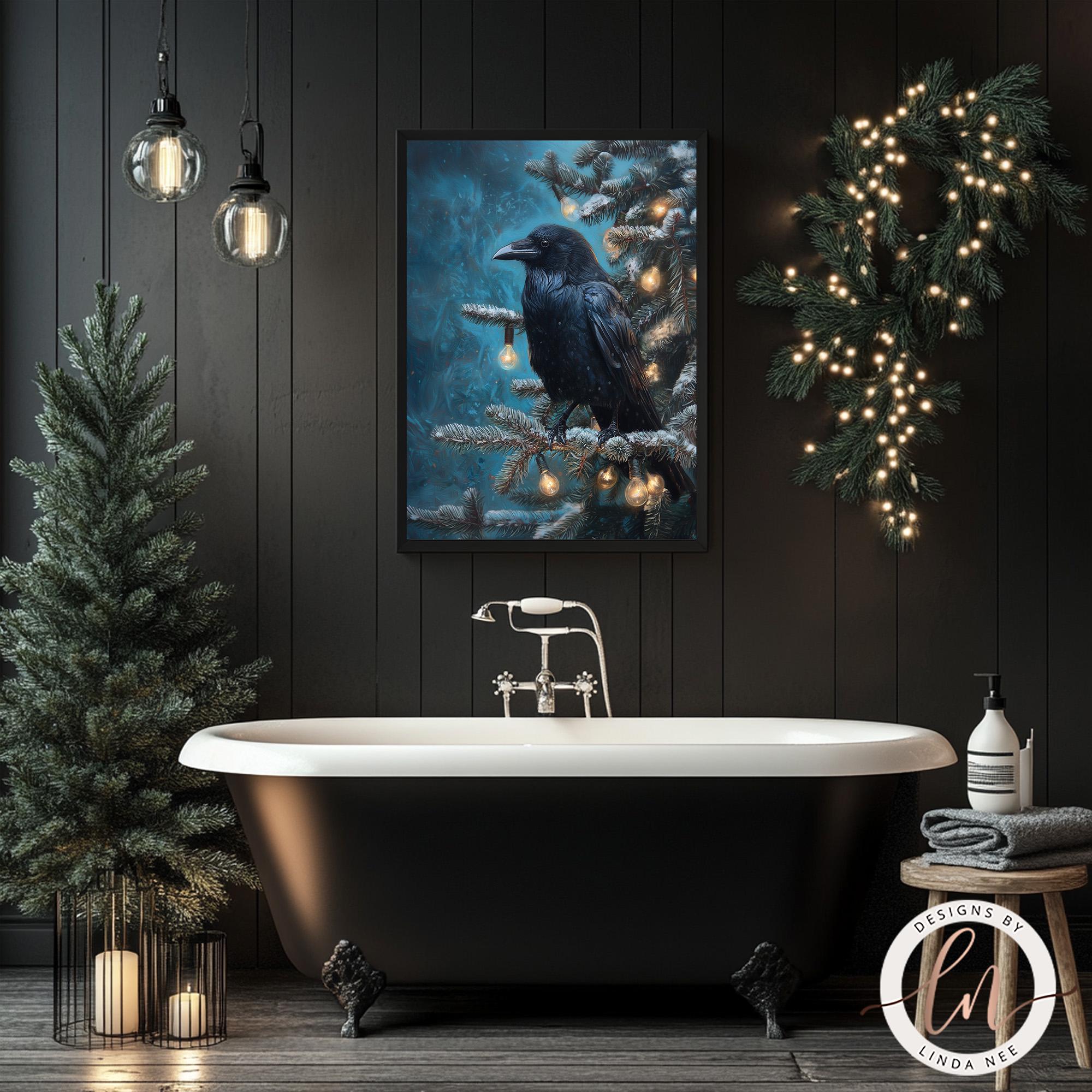 a black clawfoot bathtub in a bathroom, with a framed picture of a black crow perched on a branch above it. The bathroom has a dark color scheme, with a Christmas tree and twinkling lights visible in the background.