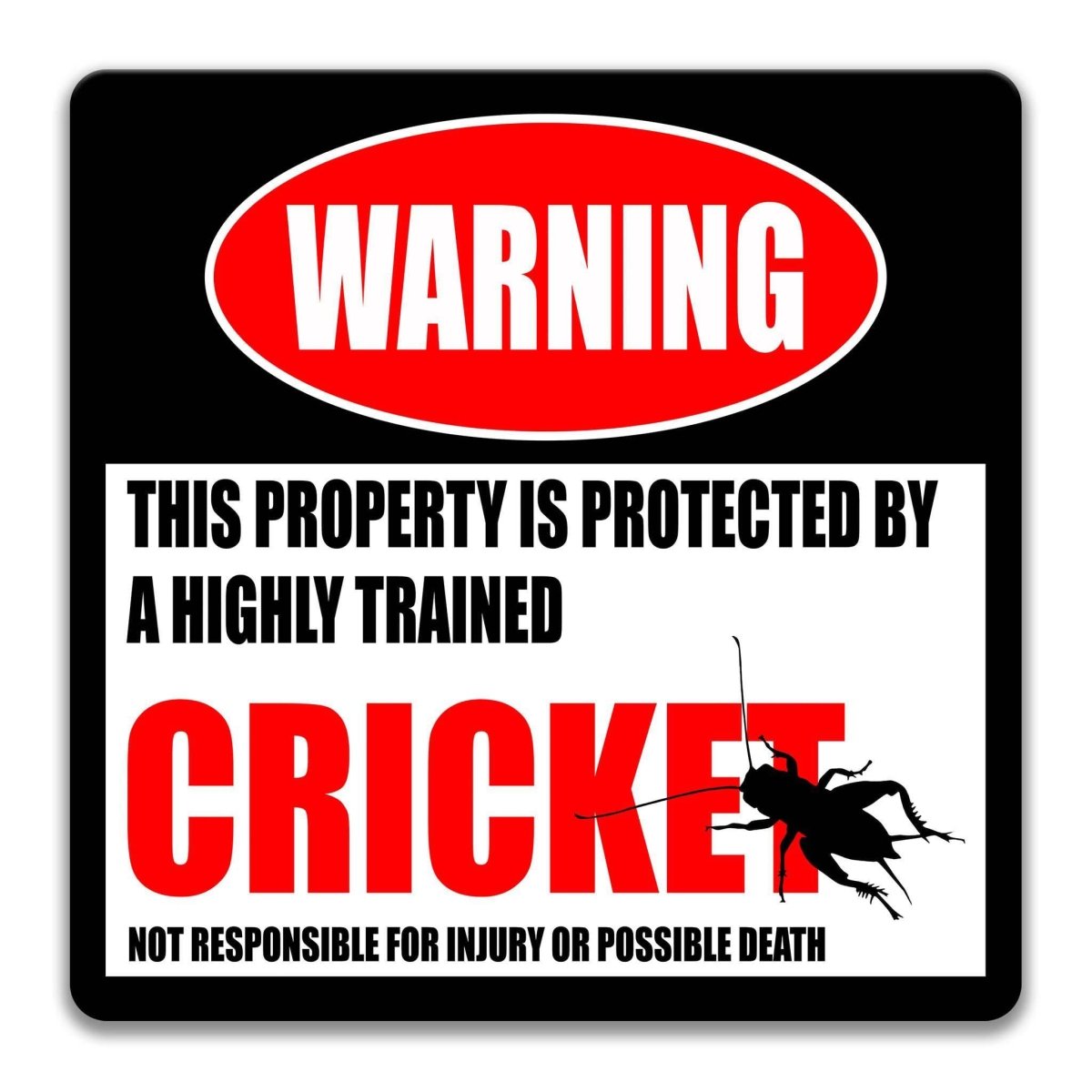 Square cricket warning metal sign, black background with red WARNING banner and cricket silhouette