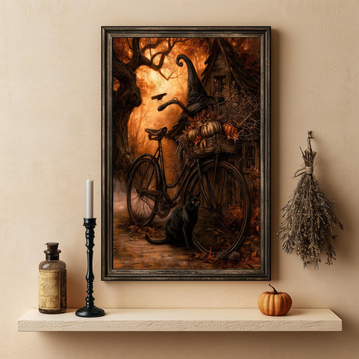 Harvest wall art above a shelf holding a candle, a bottle, and a small pumpkin