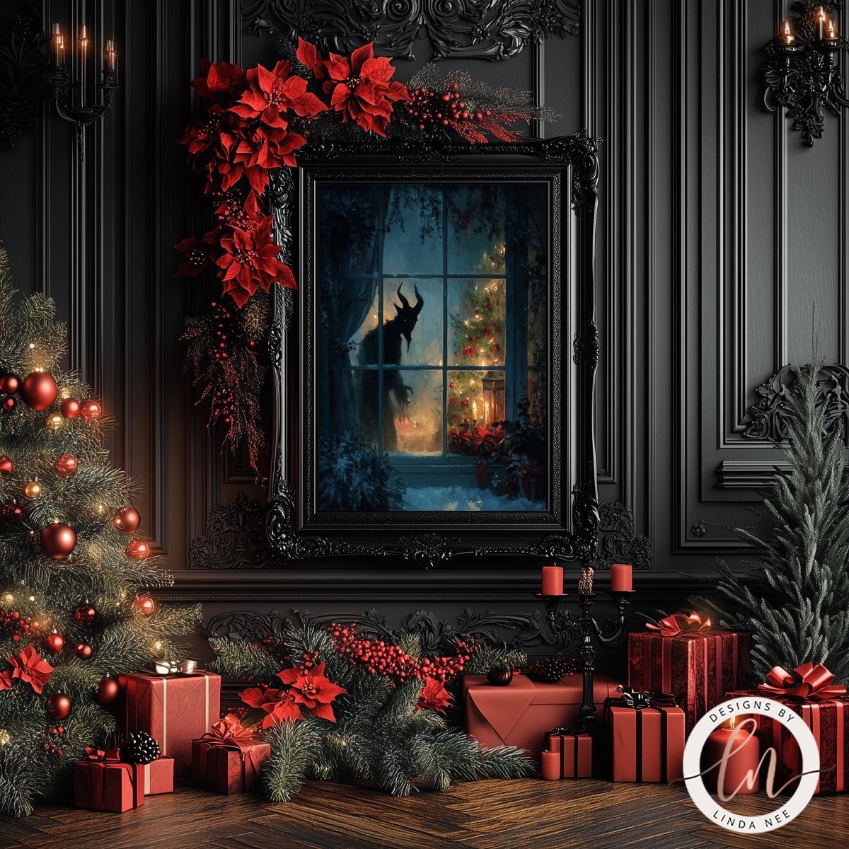 Krampus Yule window artwork displayed in a dark room with poinsettias and wrapped presents